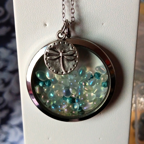 Silver Dragonfly & Angel Aura Quartz Large Pendant Necklace - Picture 3 of 3